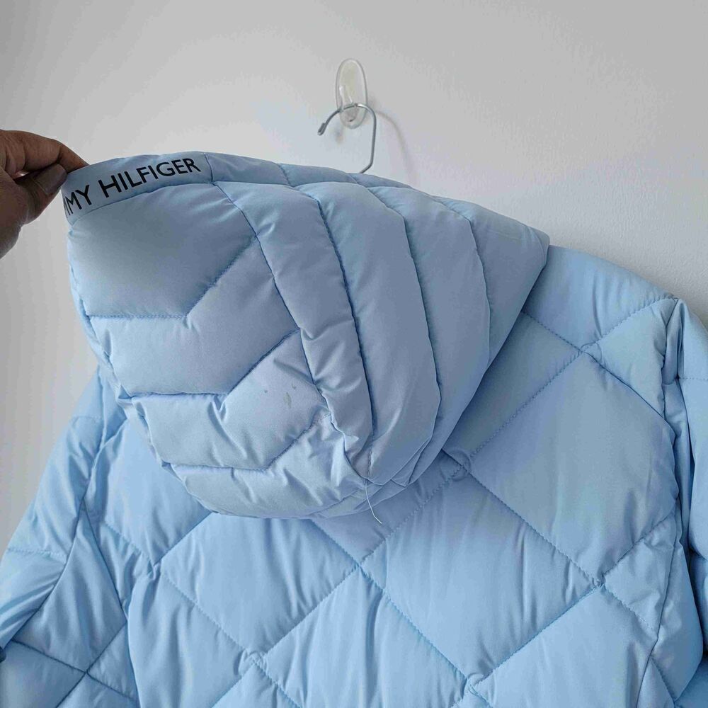 TOMMY HILFIGER Light Blue Quilted Puffer Hooded Jacket Womens Large - Picture 8 of 13